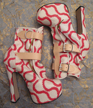 Load image into Gallery viewer, Vivienne Westwood Gold Label Elevated Bondage Boots in Red and White Squiggle Leather