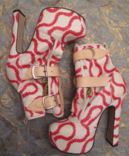 Load image into Gallery viewer, Vivienne Westwood Gold Label Elevated Bondage Boots in Red and White Squiggle Leather