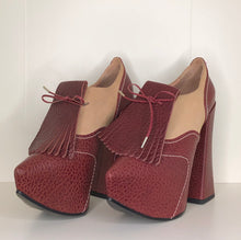 Load image into Gallery viewer, Vivienne Westwood Platform Golfs in Burgundy Mock Croc and Tan Leather