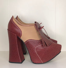 Load image into Gallery viewer, Vivienne Westwood Platform Golfs in Burgundy Mock Croc and Tan Leather
