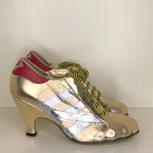 Load image into Gallery viewer, Vivienne Westwood Worlds End Tracey Trainers Gold Leather w/ Silver Stripes