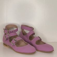 Load image into Gallery viewer, Vivienne Westwood Gold Label Roman 3-Strap Flat Sandal Shoes in Lilac Canvas